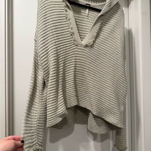 Free People V-Neck Striped Sweater in Cream-ish Grey